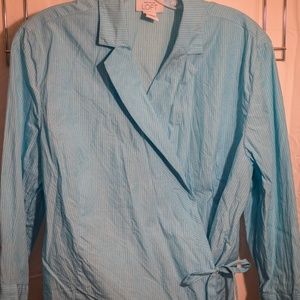 Anne Taylor LOFT, wrap around blouse, turquoise and white